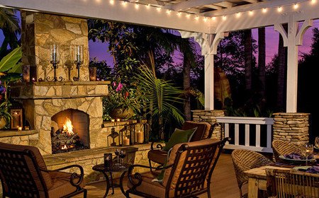 Fire place with low voltage lighting illuminating a beautiful pergola, Poughkeepsie NY